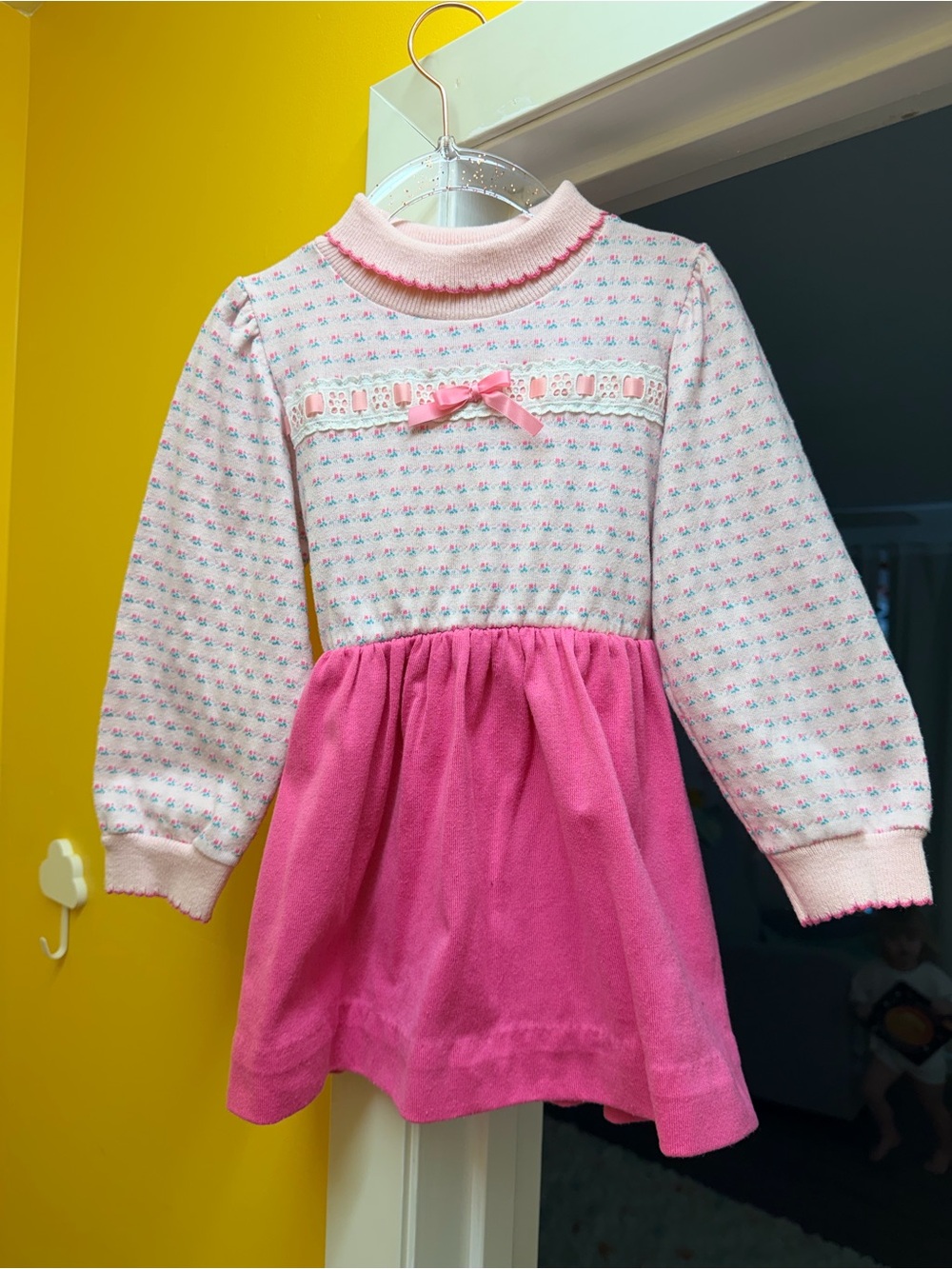 Vintage Health-tex Pink Knit Dress with Multicolor Accents and Tie Waist